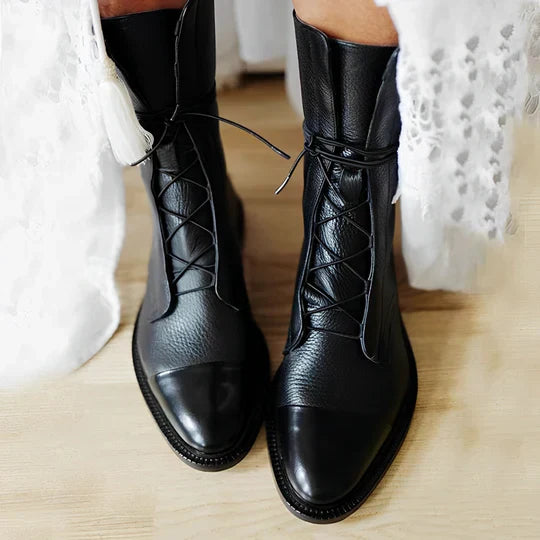 Clara – women's leather ankle boots with lacing and cap toe design