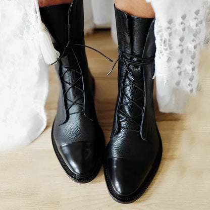 Clara – women's leather ankle boots with lacing and cap toe design