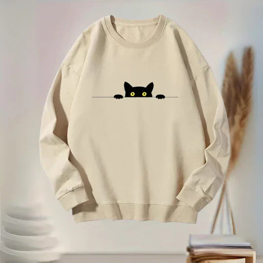 Katie - behagelig sweatshirt til kvinder med sort katteprint