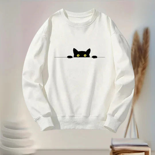 Katie - behagelig sweatshirt til kvinder med sort katteprint