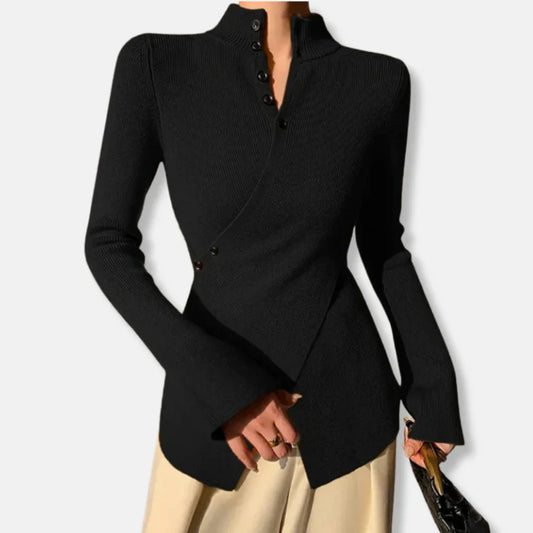 Fiona – slim-fit knit sweater with high collar and button details