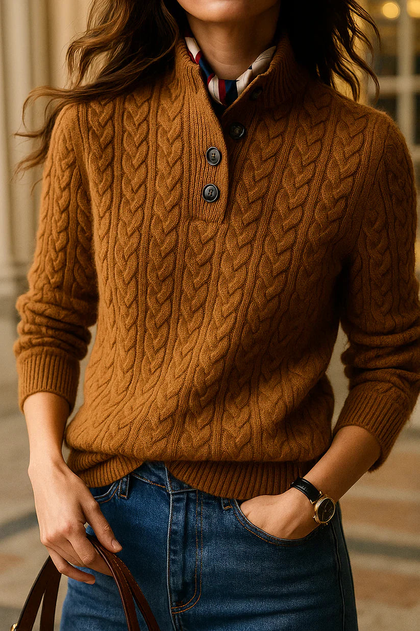 Alva – soft knit sweater with funnel neck and cable knit pattern