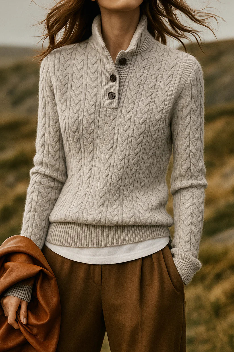 Alva – soft knit sweater with funnel neck and cable knit pattern