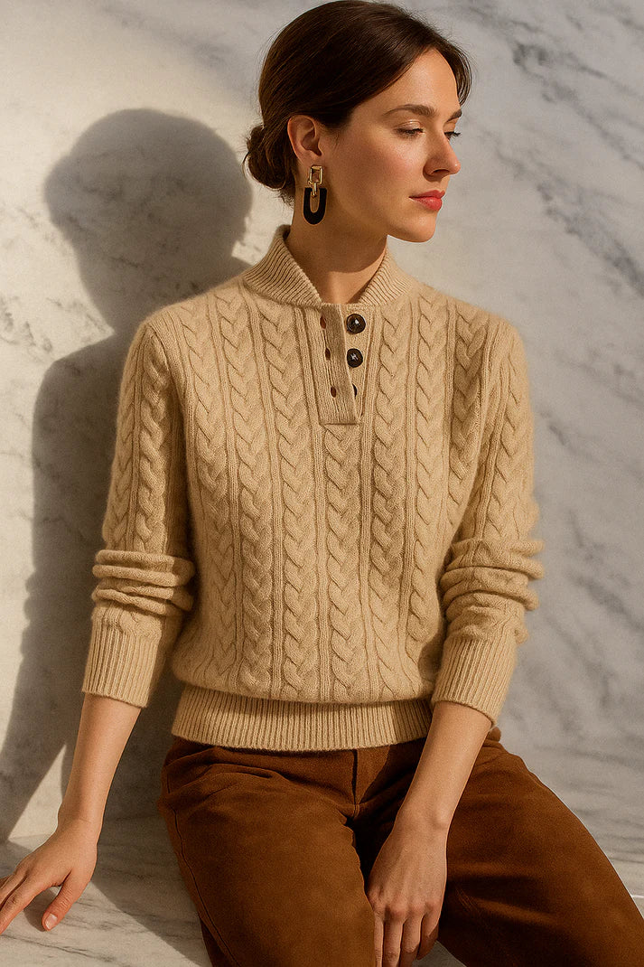 Alva – soft knit sweater with funnel neck and cable knit pattern