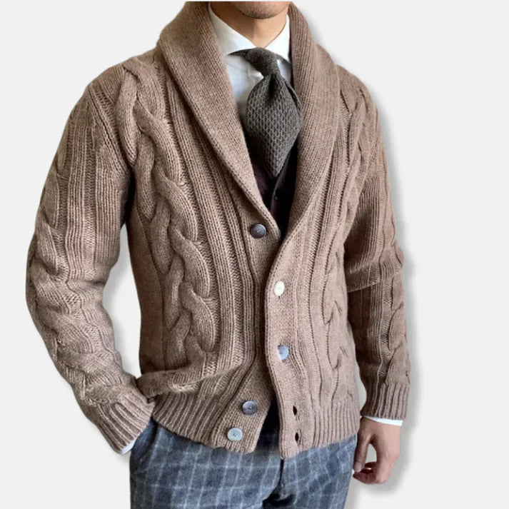 Markus – wool cardigan with cable knit pattern and shawl collar