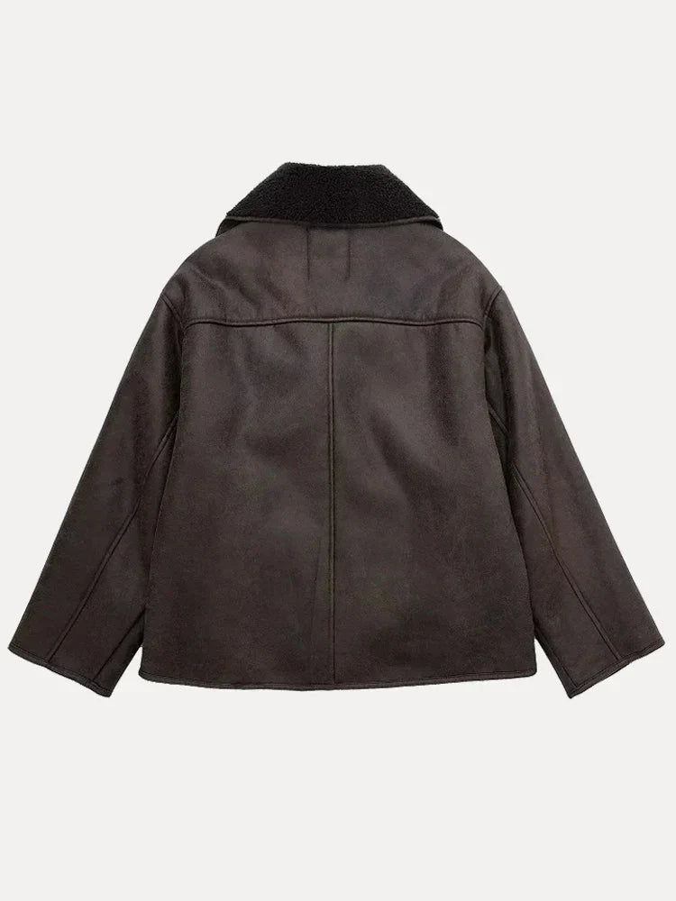 Oversized damefrakke i læder med pels