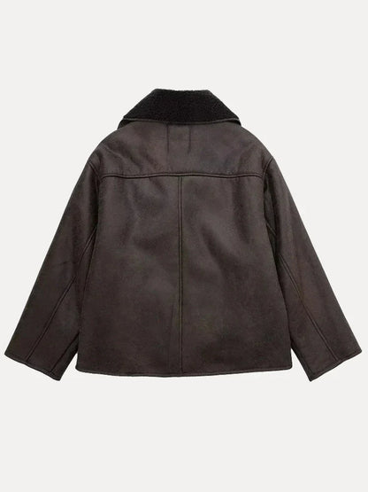 Oversized damefrakke i læder med pels