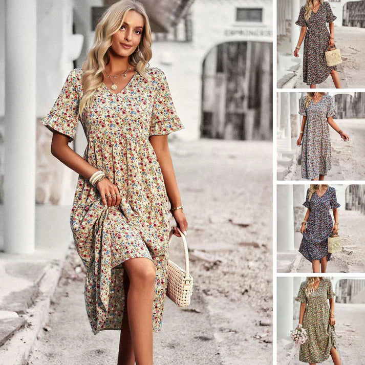 Lena – legende sommerkjole i abrikos med blomsterprint