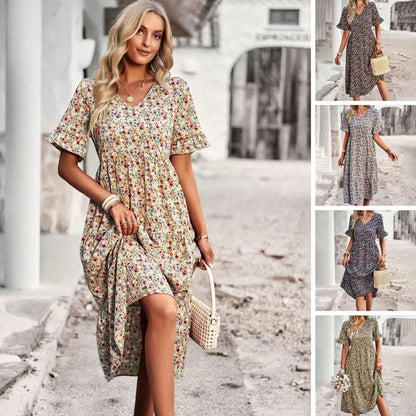 Lena – legende sommerkjole i abrikos med blomsterprint