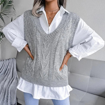 Ella – knitted vest with v-neck and cable pattern