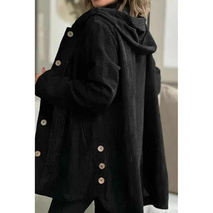 Selma – corduroy jacket with hood and button placket in mid-length fit