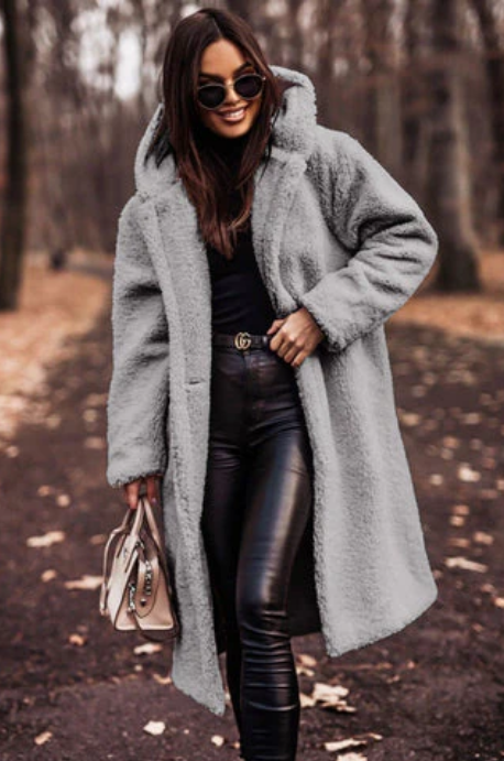 Laura - fashionable long teddy coat with hood