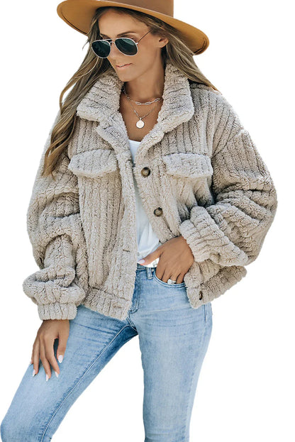 Plain plush fleece jacket with button placket