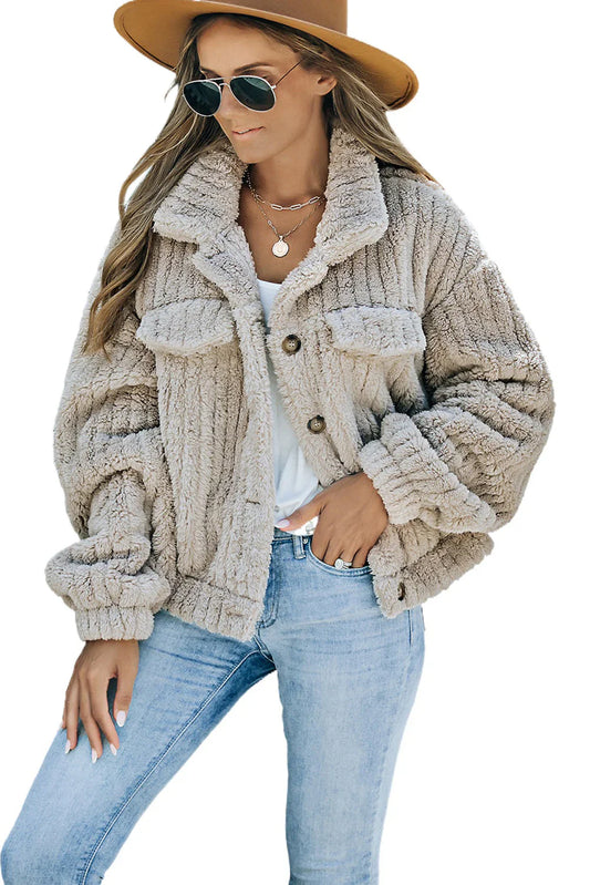 Plain plush fleece jacket with button placket