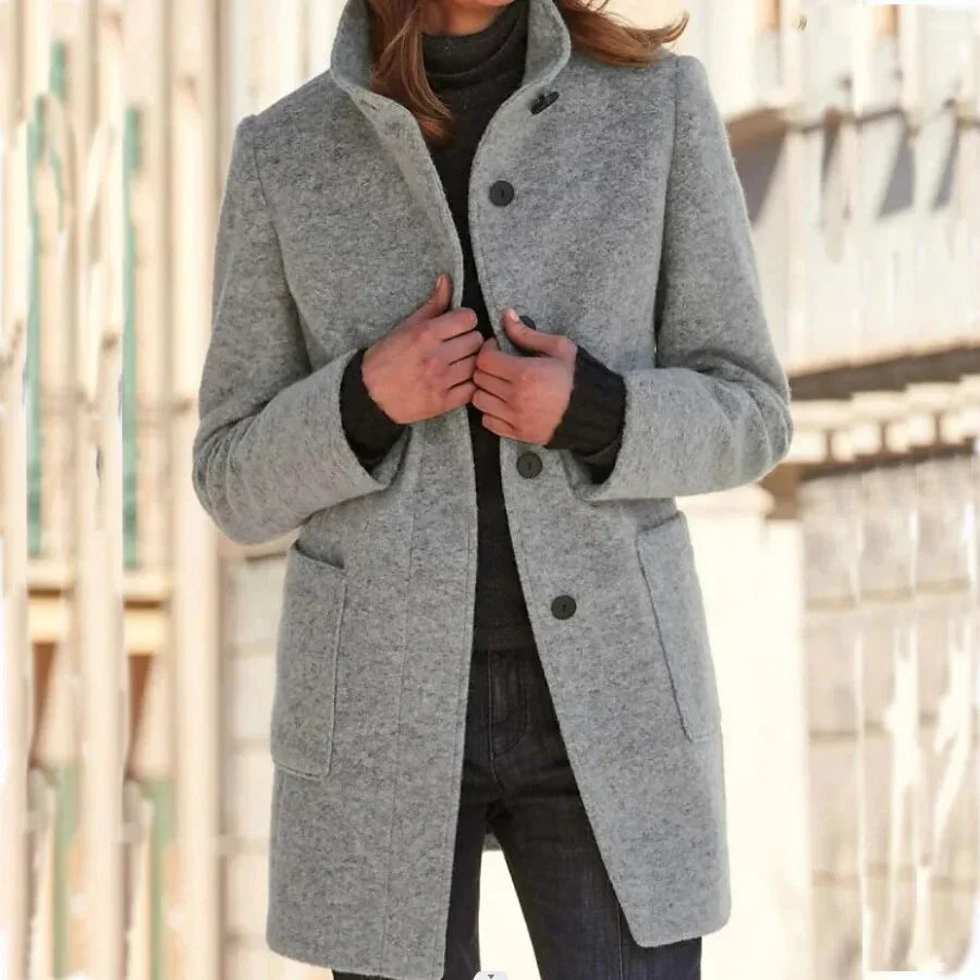 Gray wool coat with stand-up collar and pockets