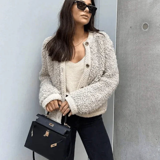 Lea – teddy cardigan with round neck and button placket